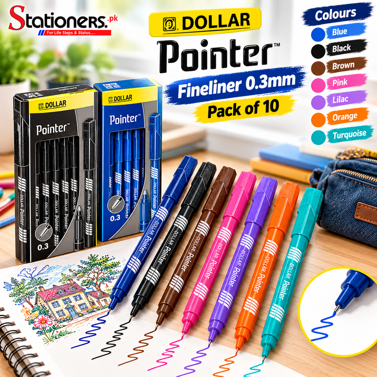 Dollar Pointer Fineliner 0.3mm Pack of 10