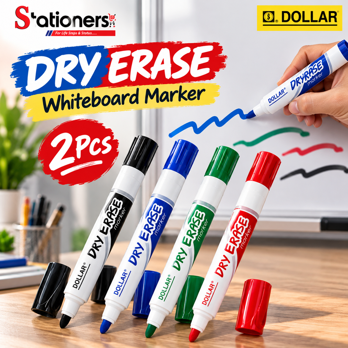 Dollar Dry Erase Whiteboard Marker 2Pcs – Blue, Black, Green & Red