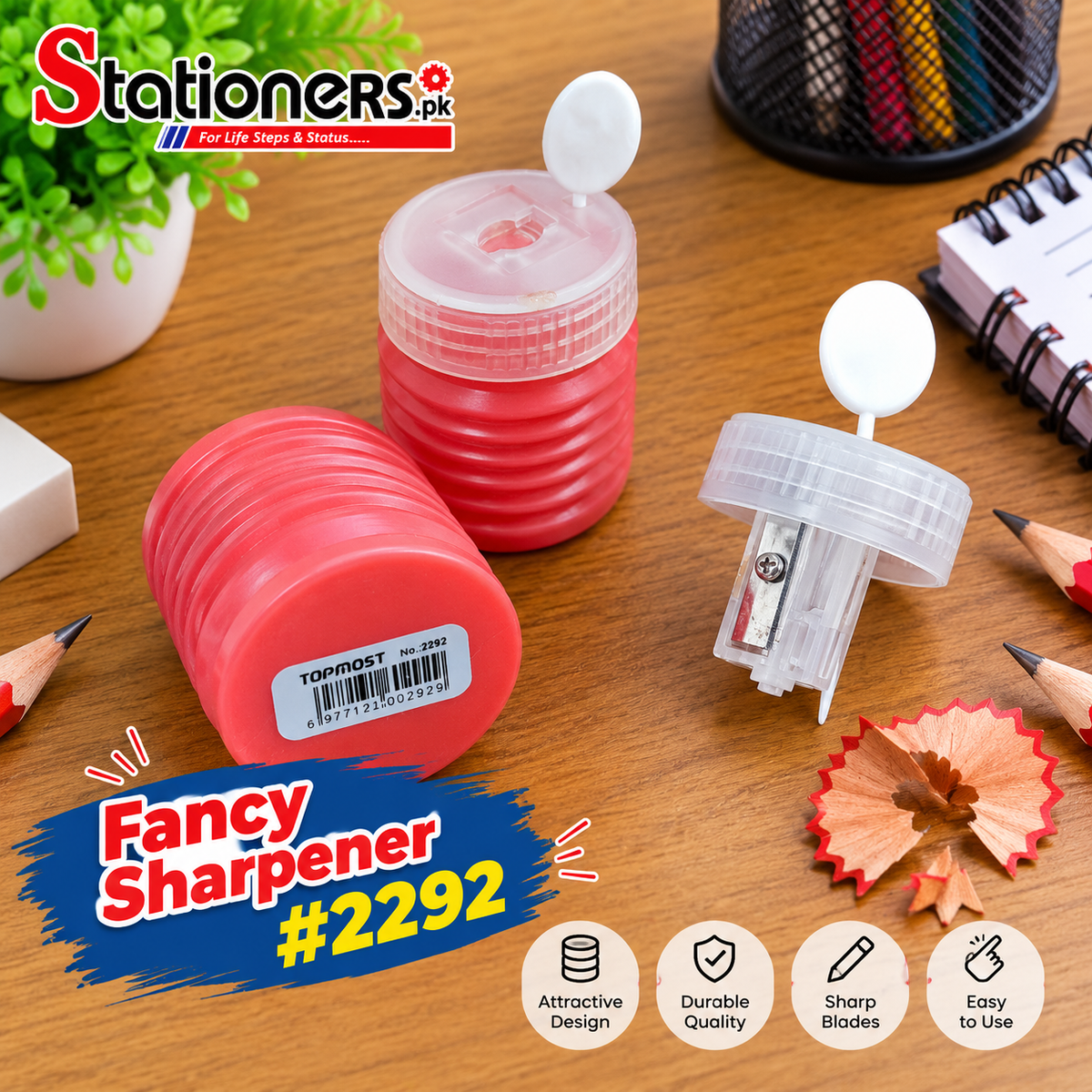 Topmost Fancy Pencil Sharpener #2292 – Red Ribbed Design with Transparent Sharpener Head 3pcs