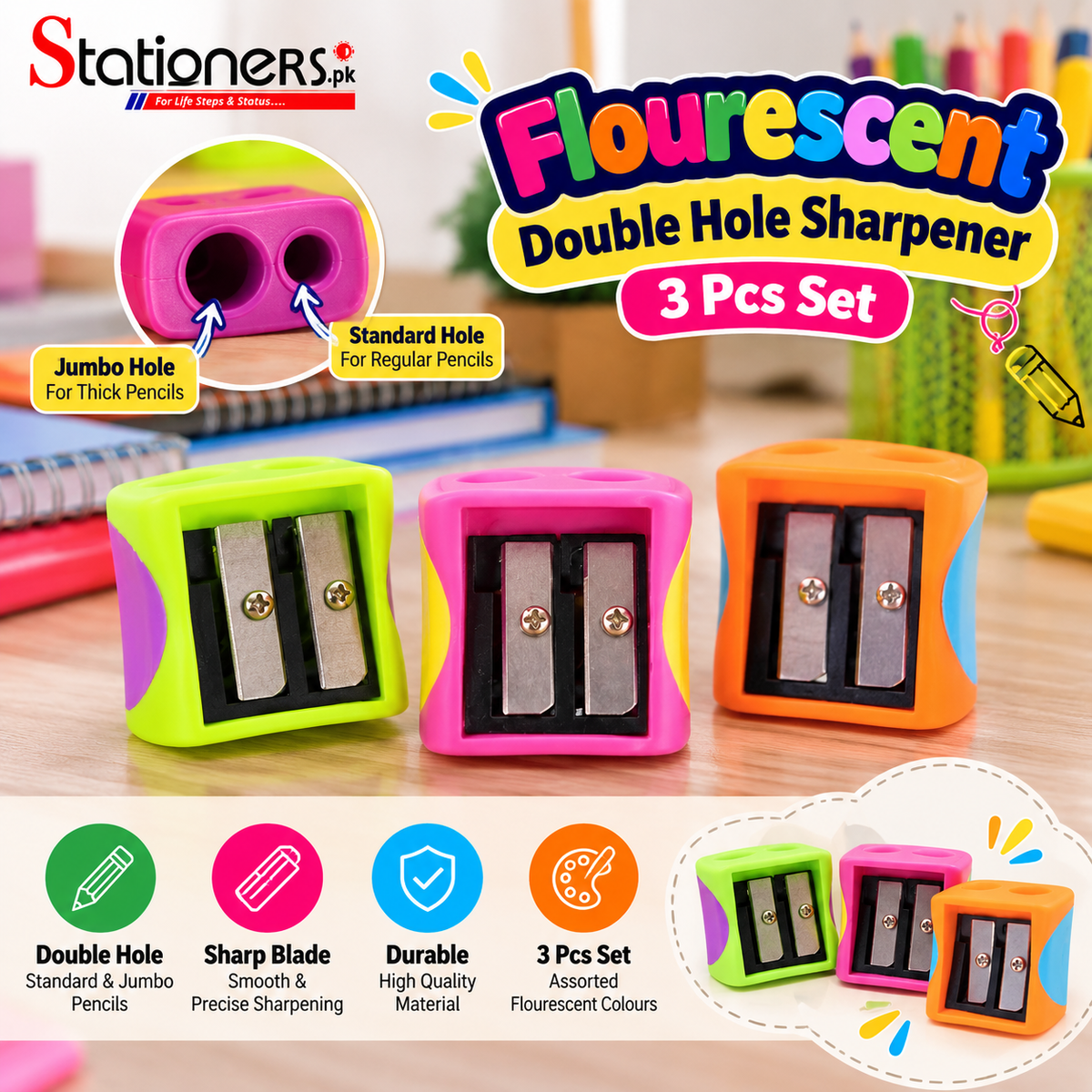Fluorescent Double Hole Sharpener – 3 Pcs Set