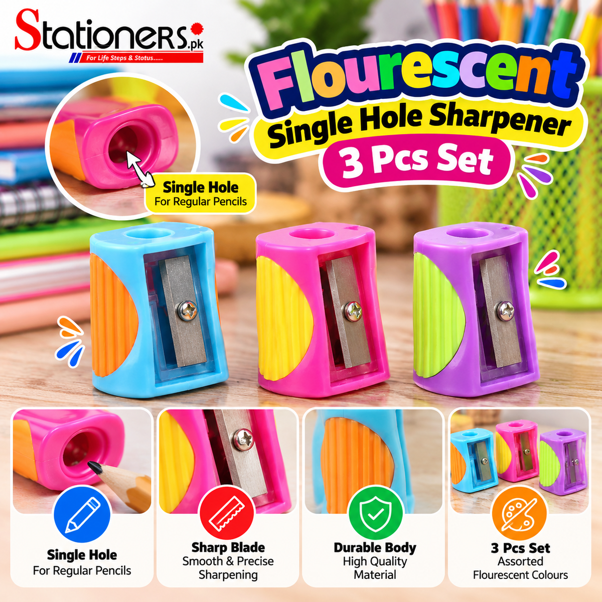 Fluorescent Single Hole Sharpener – 3 Pcs Set