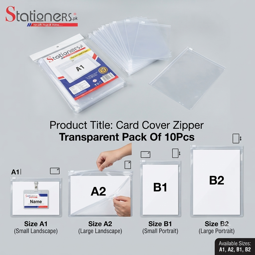 Card Cover Zipper Transparent – Pack of 10 Pcs (Available in Sizes A1, A2, B1, B2)