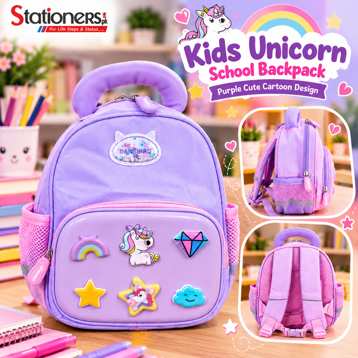 Kids Unicorn School Backpack – Pink & Purple Cute Cartoon Design