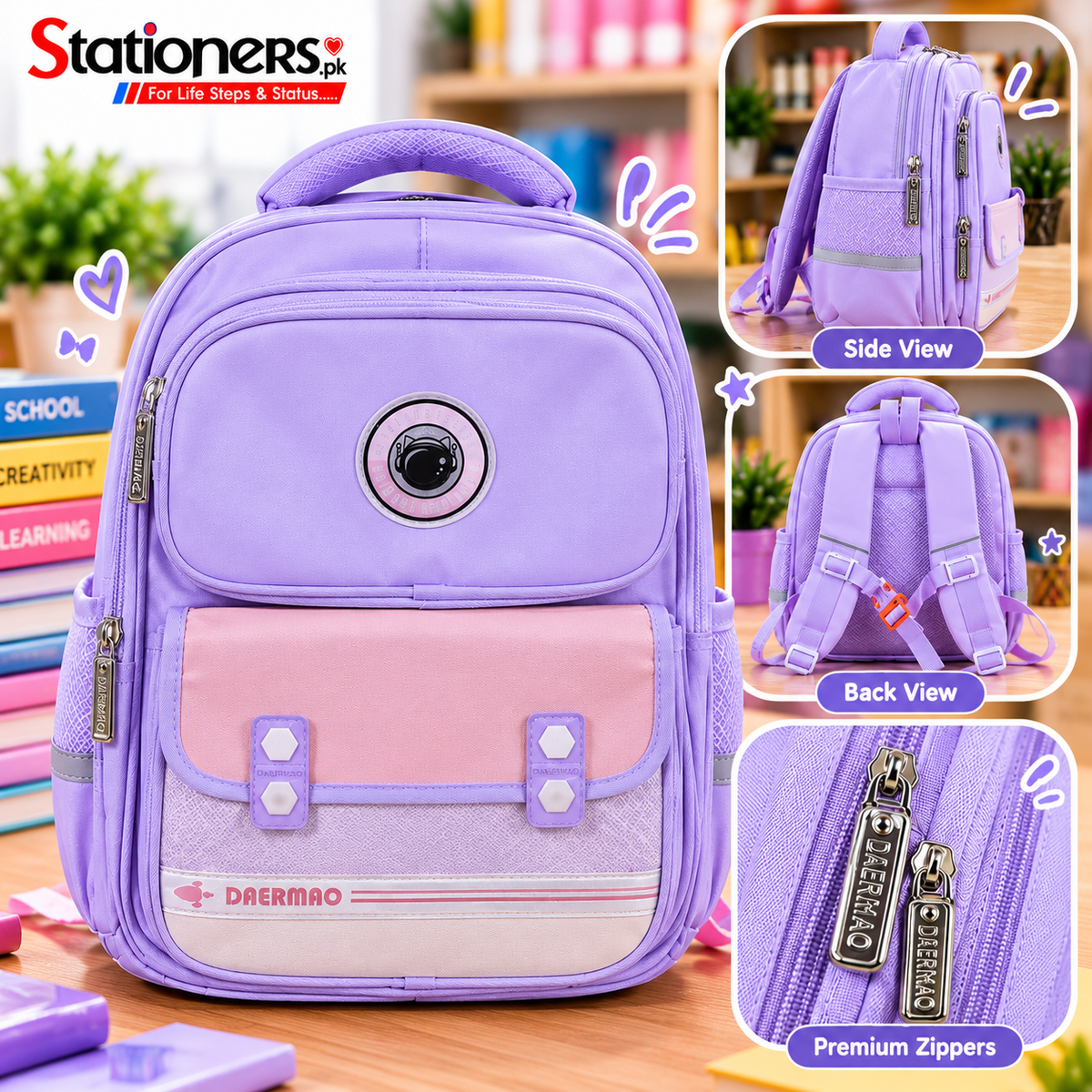 Daermao Kids' Backpack – Black & White, Durable, Lightweight, Multi-Pocket, Waterproof School Bag for Boys & Girls with Astronaut Design