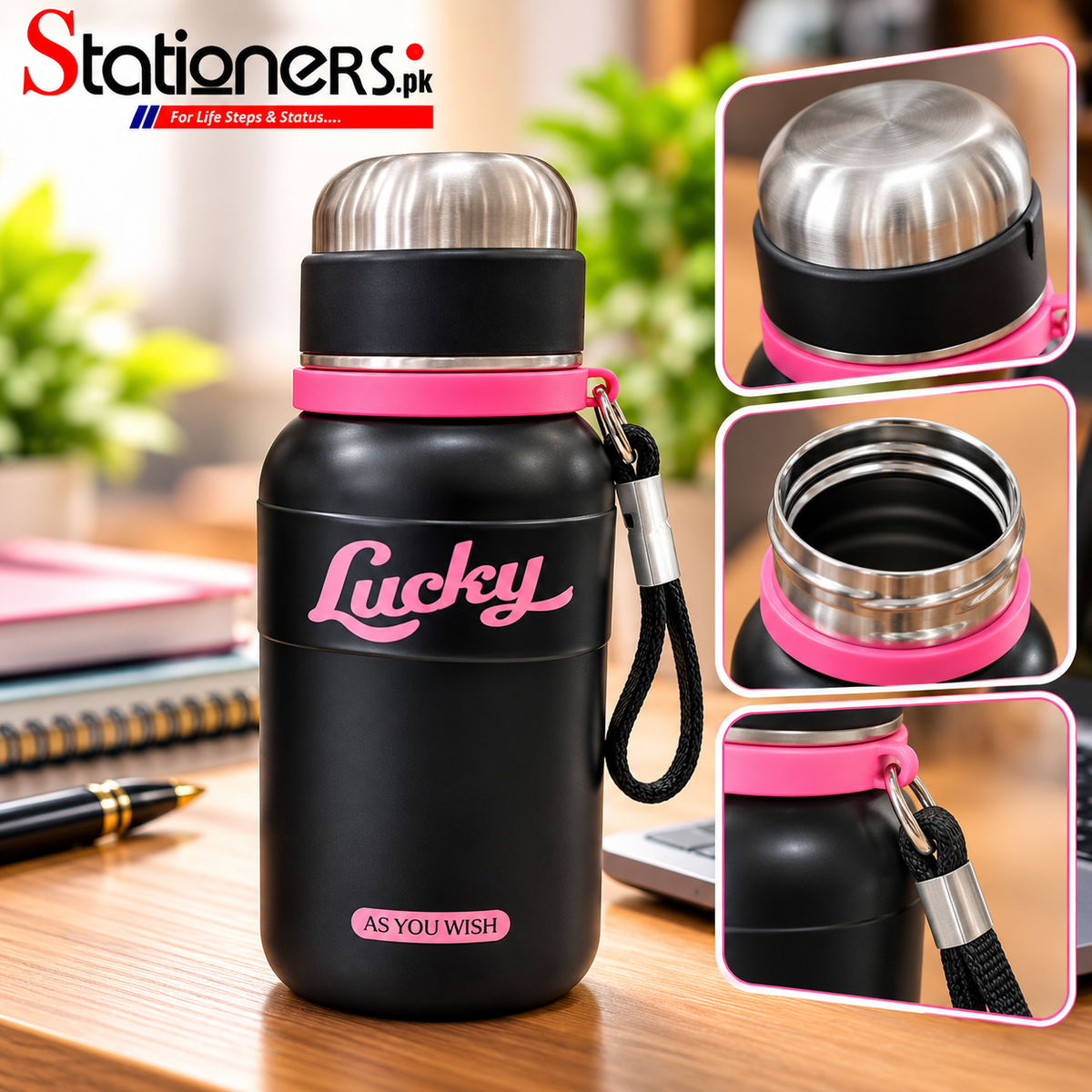 Lucky Insulated Stainless Steel Bottle – Black & Pink with Carrying Strap