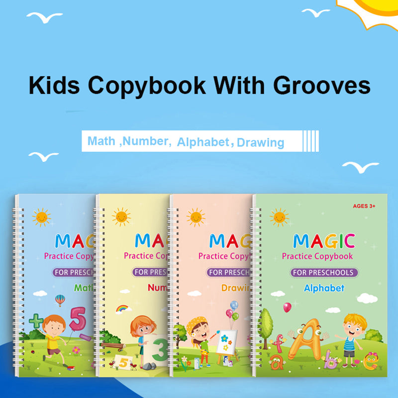 4 Pcs Magic Practice Copybook for Kids, Children's Magic Copybooks, Handwriting English Practice Book Reusable Magical Practice Copy Books with Pen