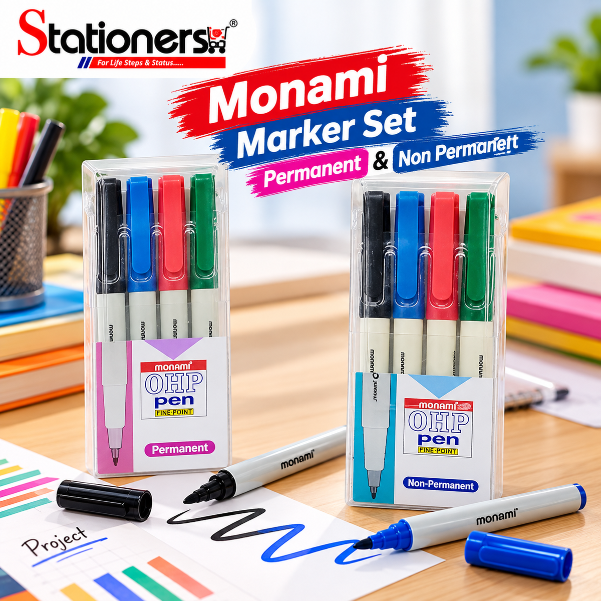 Monami OHP Marker Pen Set Permanent & Non-Permanent – 4 Pcs