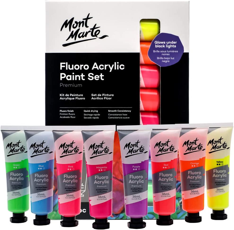 Mont Marte Fluorescent Acrylic Paints 36ml Tubes Set Of 8 Pieces