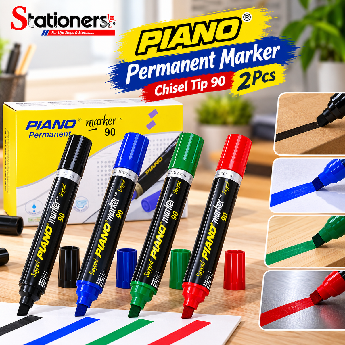 Piano Permanent Marker 90 Chisel Tip 2Pcs – Black, Blue, Green & Red