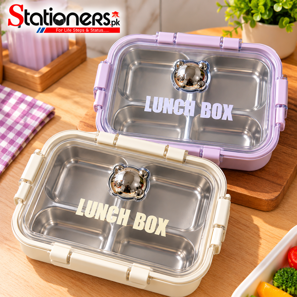 Stainless Steel Lunch Box with Transparent Lid & Cute Bear Design – 2 Compartments