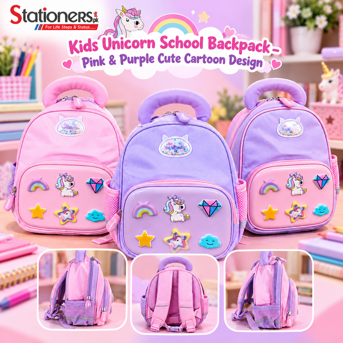 Kids Unicorn School Backpack – Pink & Purple Cute Cartoon Design