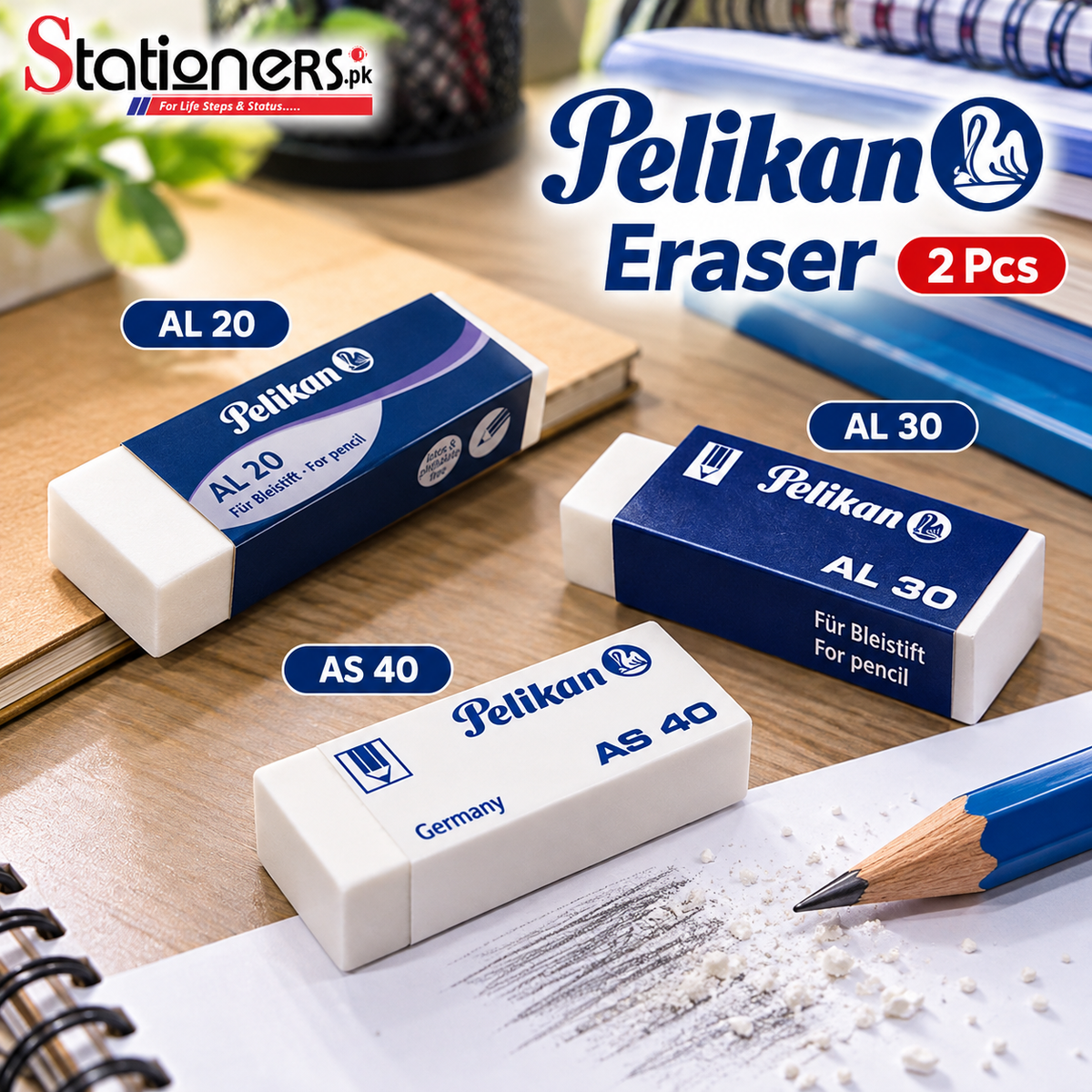 Pelikan Eraser 2 Pcs – AL20, AL30 & AS40 | Premium Pencil Eraser for School, Office & Drawing