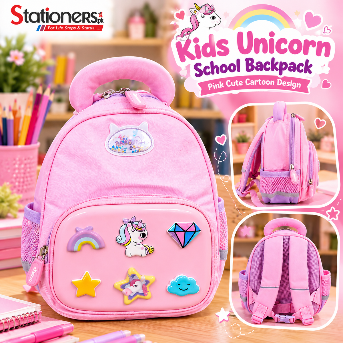 Kids Unicorn School Backpack – Pink & Purple Cute Cartoon Design