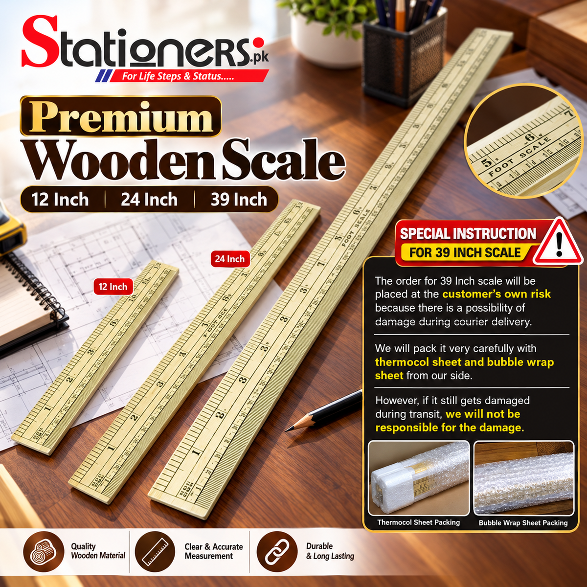 Premium Wooden Scale – 12 Inch, 24 Inch & 39 Inch Foot Scale