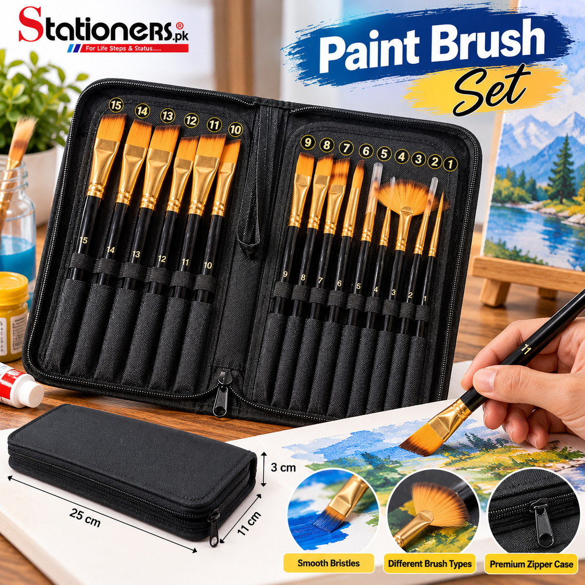 Paint Brush 15Pcs Set with Zipper Case – Artist Brushes for Acrylic, Watercolor & Oil Painting