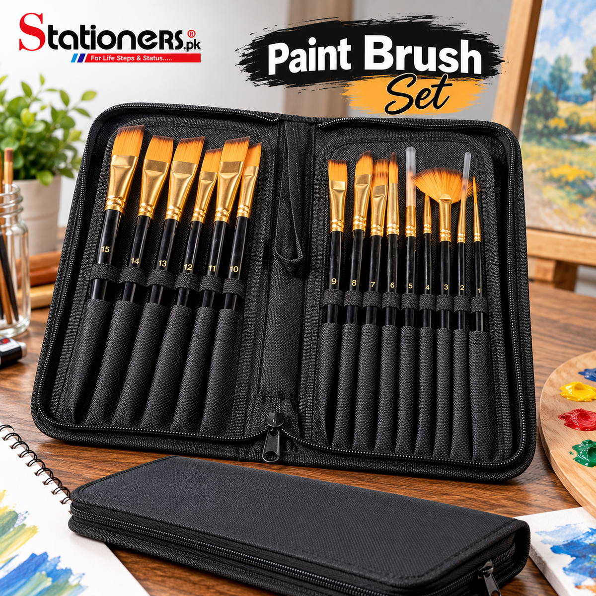 Paint Brush 15Pcs Set with Zipper Case – Artist Brushes for Acrylic, Watercolor & Oil Painting