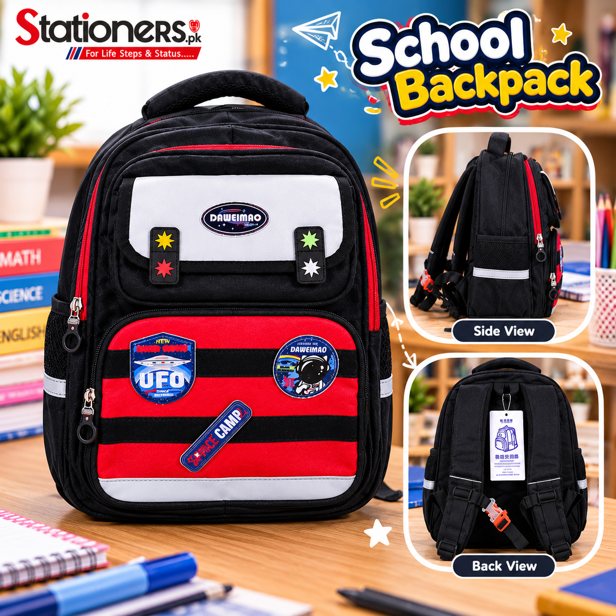 Kids School Backpack – Black & Red Space Design with Multiple Compartments