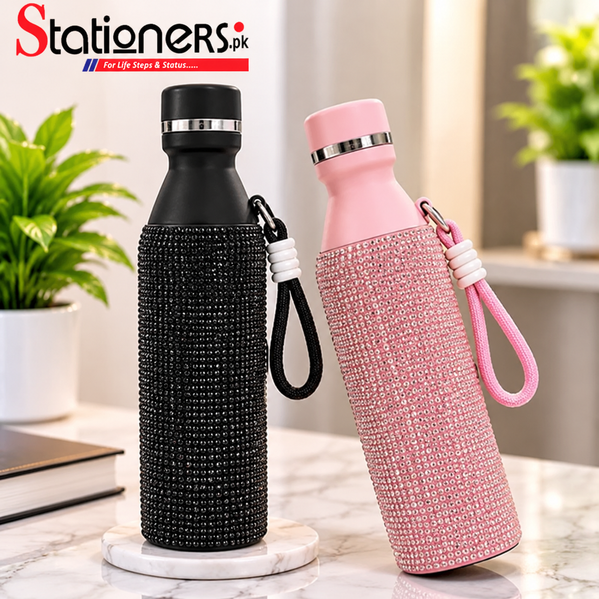 Rhinestone Thermal Water Bottle – Black | Stylish Insulated Bottle