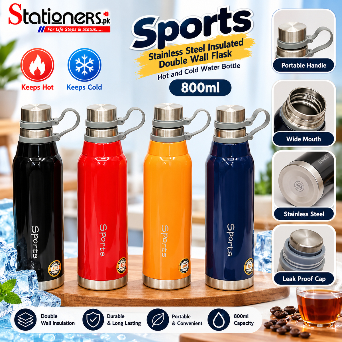 Sports Stainless Steel Insulated Double Wall Flask Hot and Cold Water Bottle 800ml