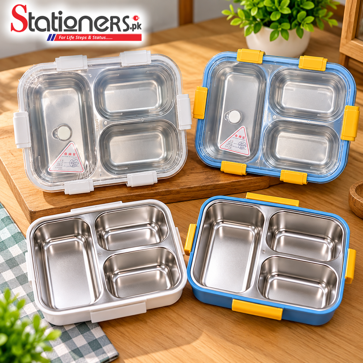 Stainless Steel 3-Compartment Lunch Box with Transparent Lid & Locking Clips – Blue, White & Yellow