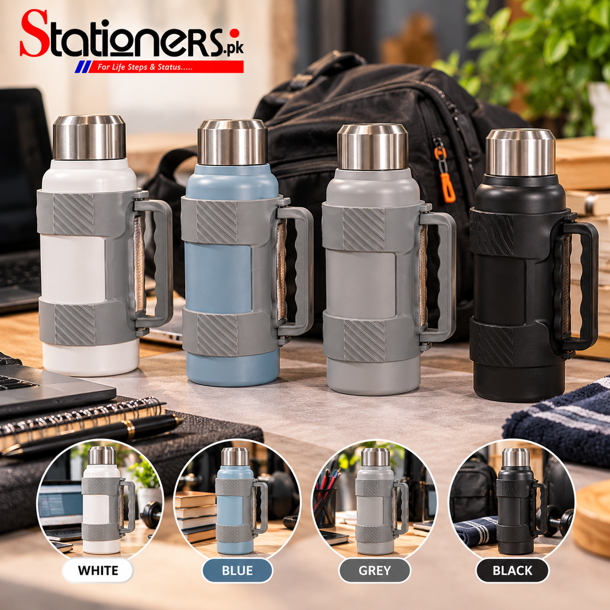 Keep Moving Stainless Steel Insulated Water Bottle with Handle – Hot & Cold Flask, Available in 4 Colors