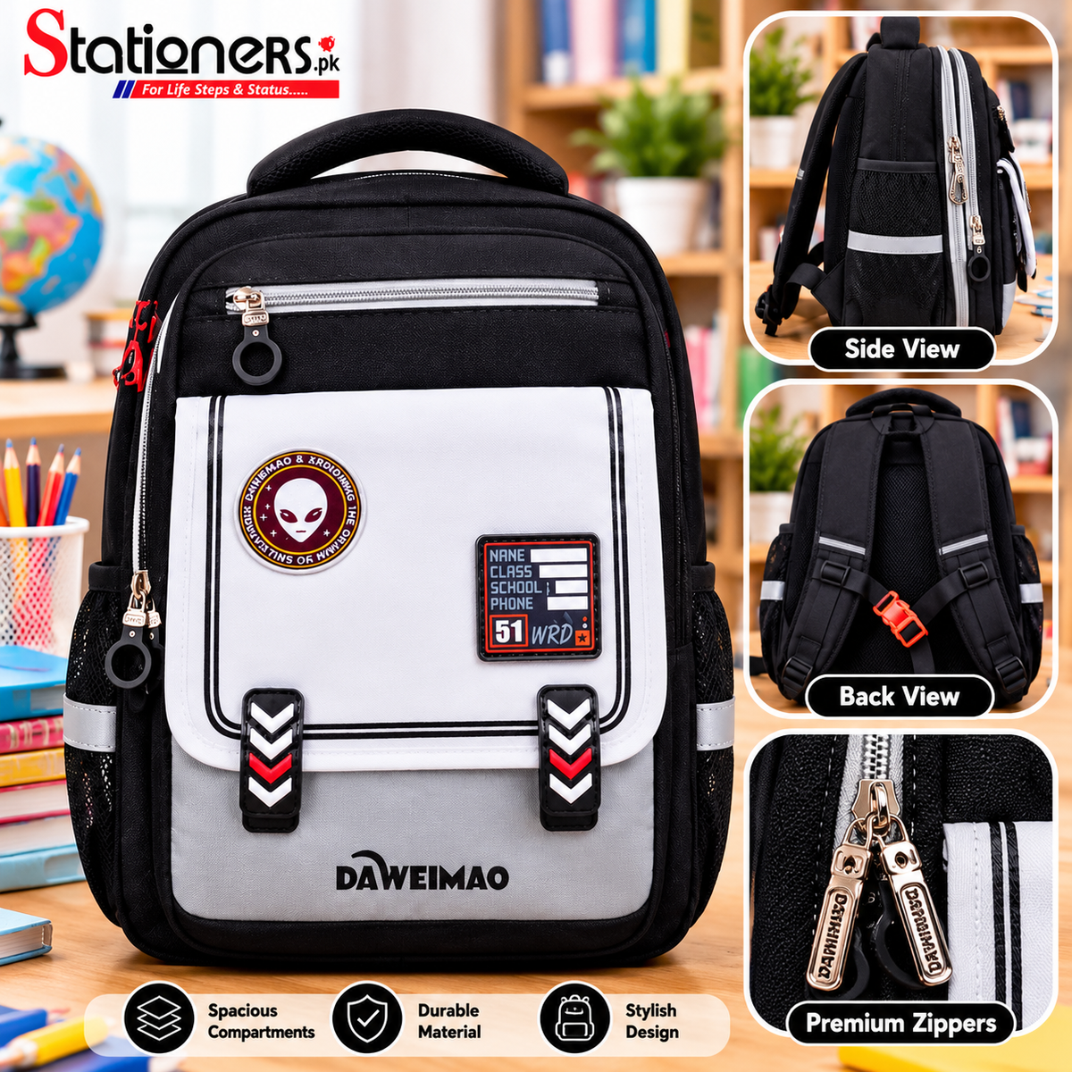 DAWEIMAO School Backpack – Black & Red with White Front Pocket