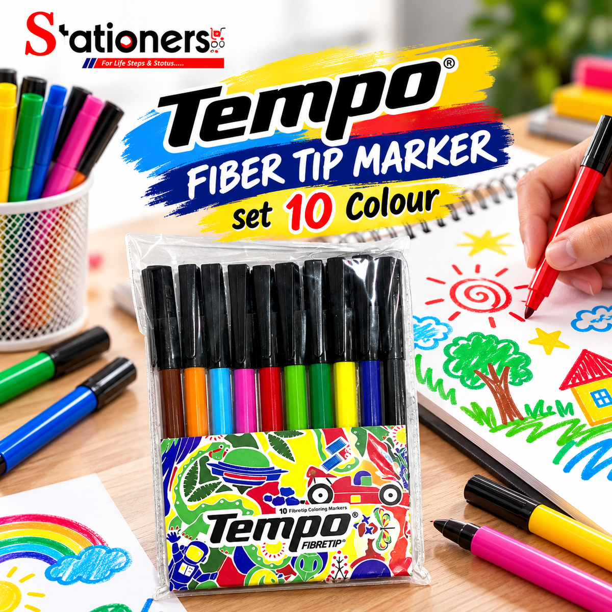 Tempo Fiber Tip Marker set 10 Colour