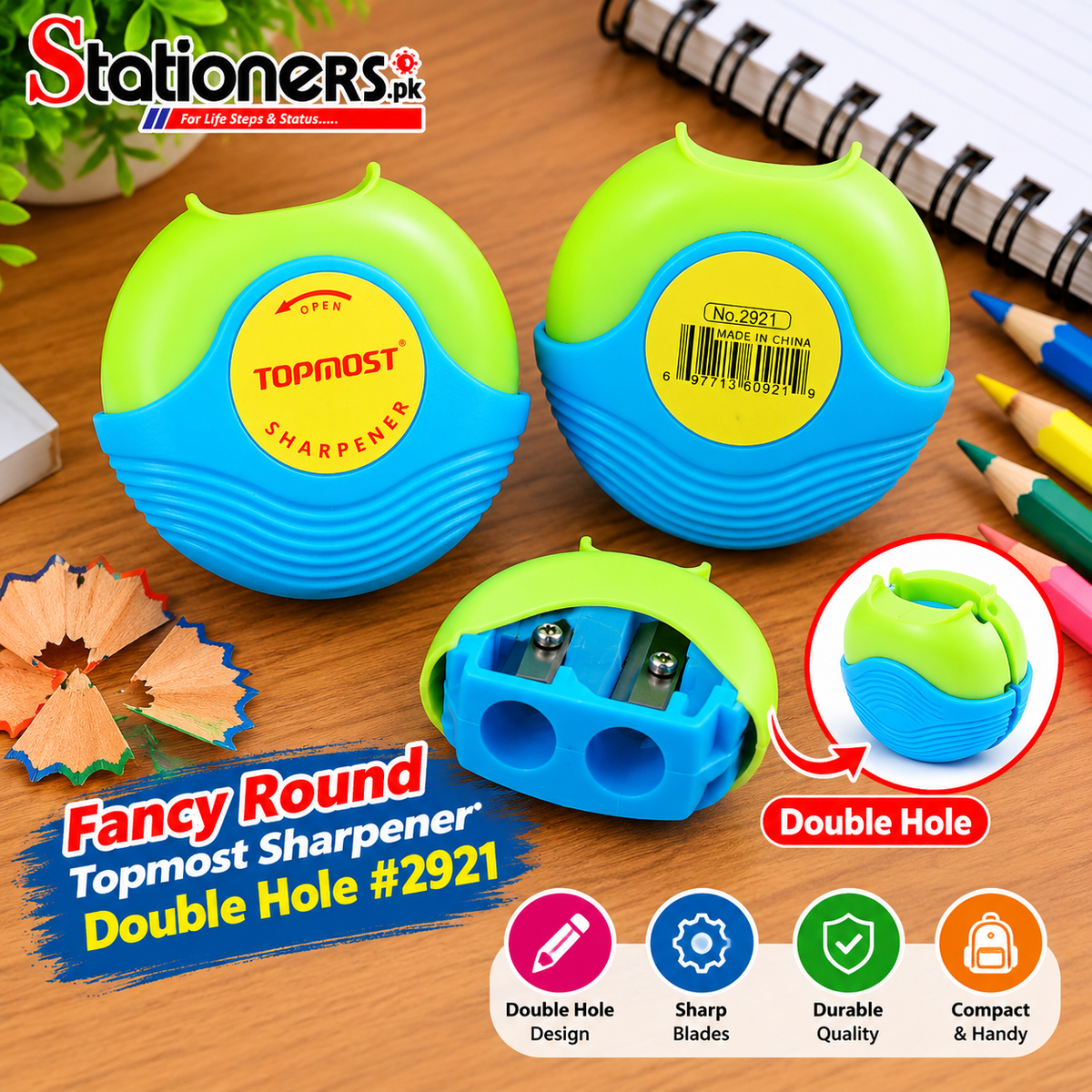 Topmost Fancy Round Double Hole Sharpener #2921 – Green & Blue