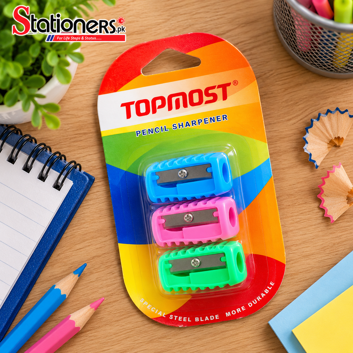Topmost Single Hole Pencil Sharpener Set – Pack of 3, Assorted Colours