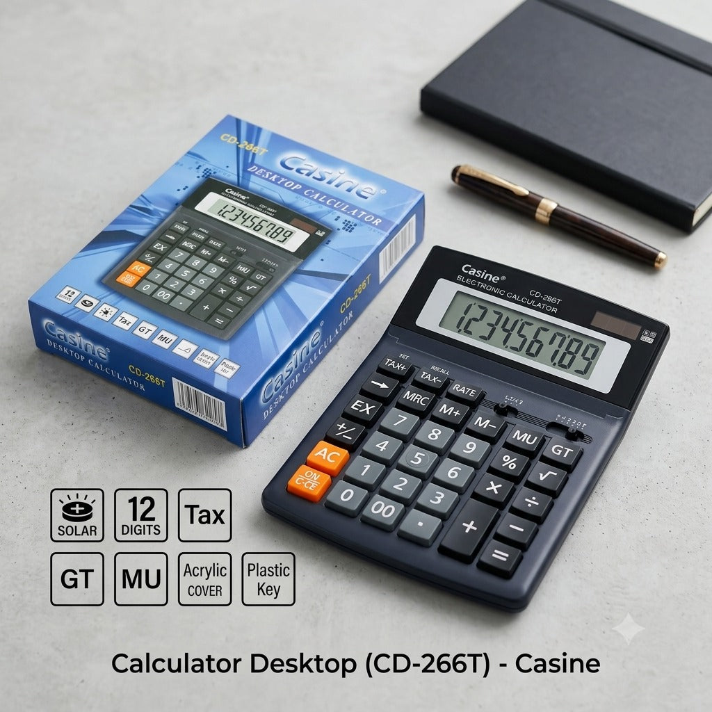 Casine CD-266T Desktop Calculator | 12-Digit Calculator | Dual Power (Solar + Battery) | GT, MU & Tax Functions