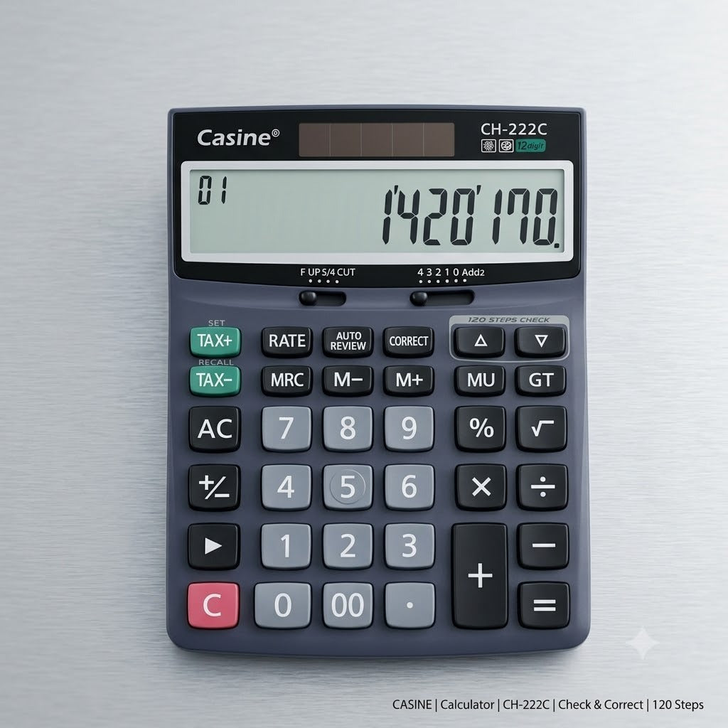 Casine CH-266C Desktop Calculator | 12-Digit Display | 120-Step Check & Review | Dual Power (Solar + Battery)
