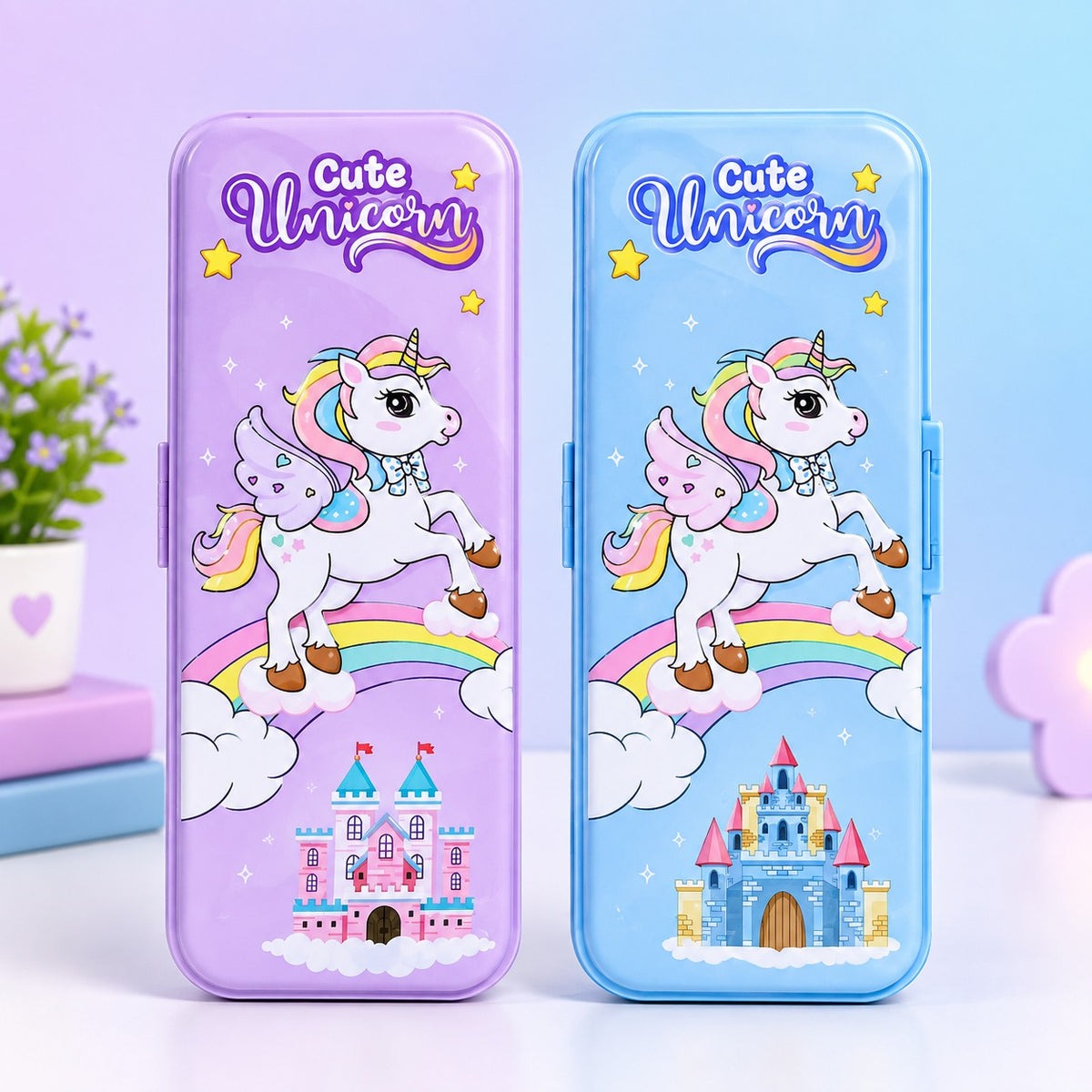 Metal Geometry Box for Kids – Cute Unicorn Design Pencil & Stationery Case | Durable School Organizer