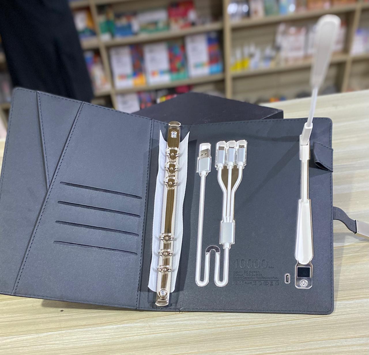 Executive Smart Charging Portfolio Diary with 10,000mAh Power Bank & Multi-Cable Organizer