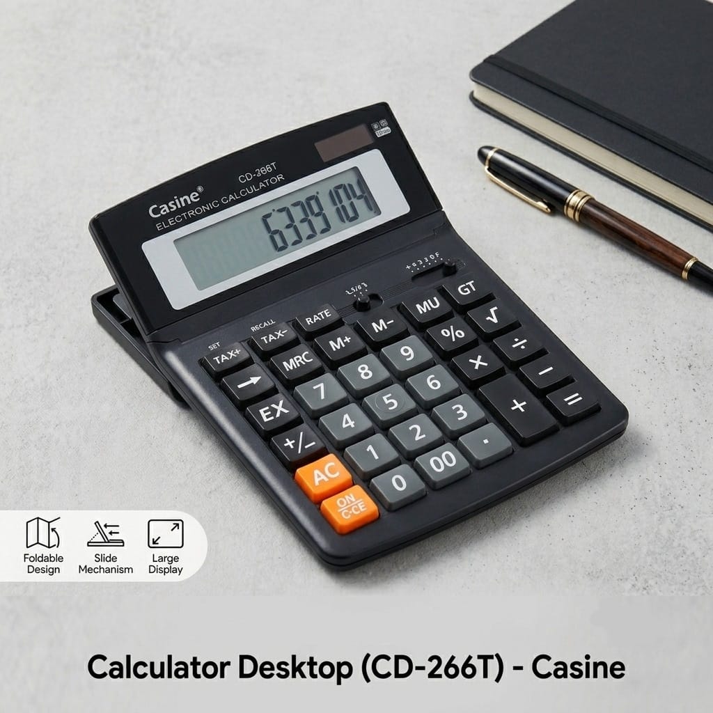 Casine CD-266T Desktop Calculator | 12-Digit Calculator | Dual Power (Solar + Battery) | GT, MU & Tax Functions