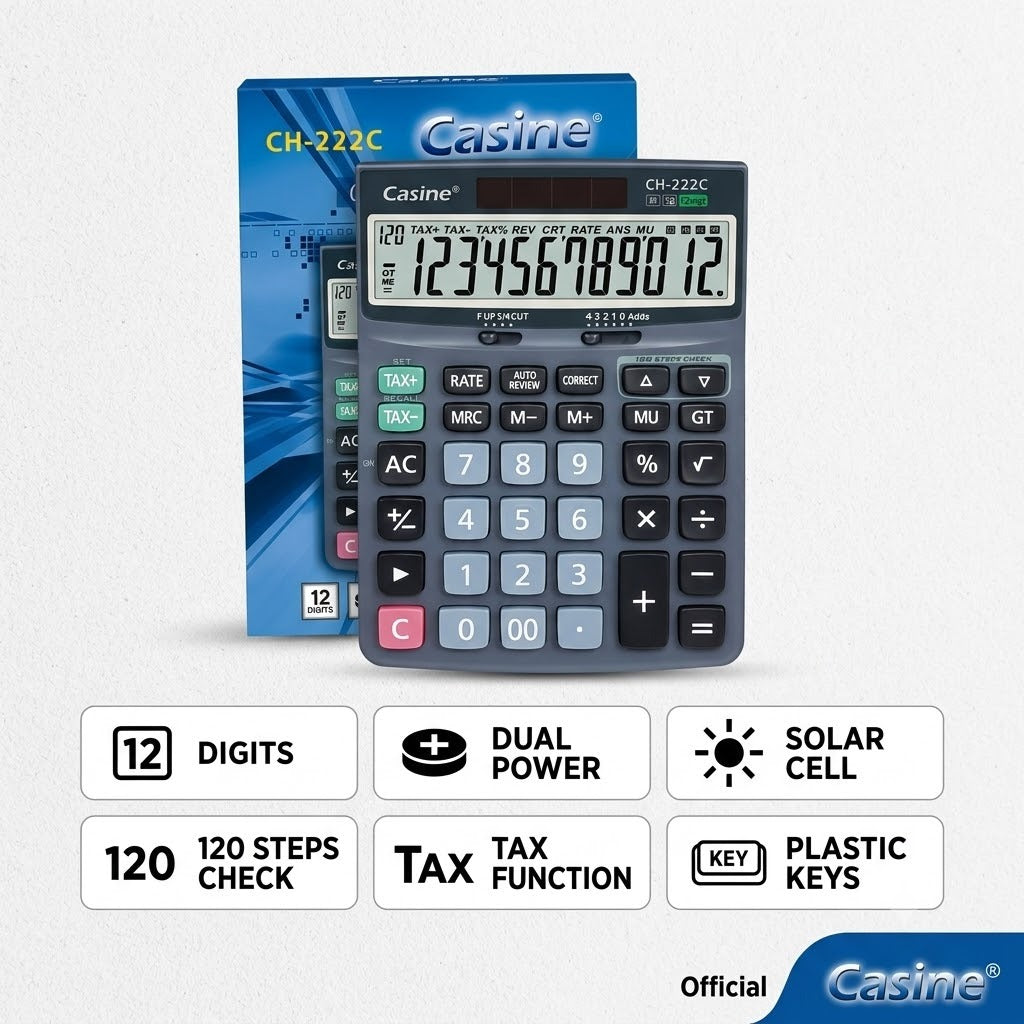 Casine CH-266C Desktop Calculator | 12-Digit Display | 120-Step Check & Review | Dual Power (Solar + Battery)