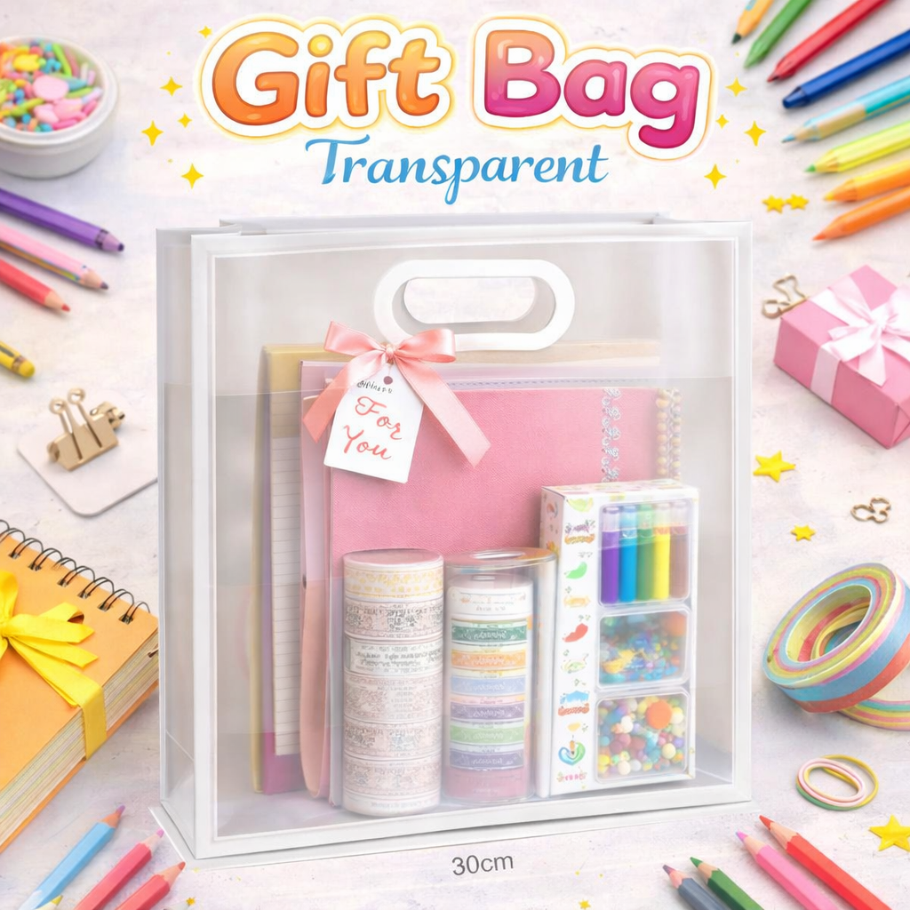 Transparent Gift Bag Extra Large 40x30x15cm with Handle | Clear PVC Gift Packaging Bag for Stationery Hampers & Event Gifts 3pcs