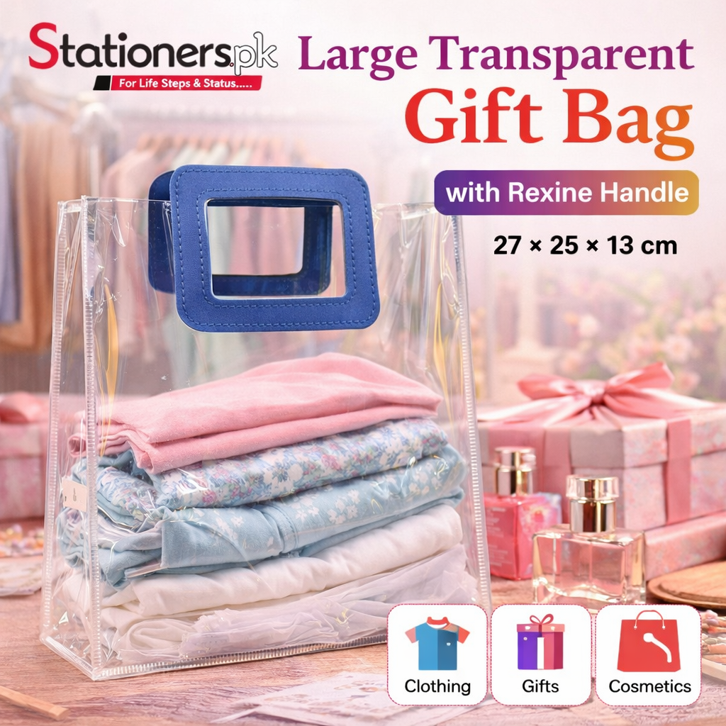 Large Transparent Gift Bag with Rexine Handle – Premium Clear Plastic Gift Packing Bag (27×25×13 cm) for Clothing, Gifts, Cosmetics & Retail Packaging 1pc