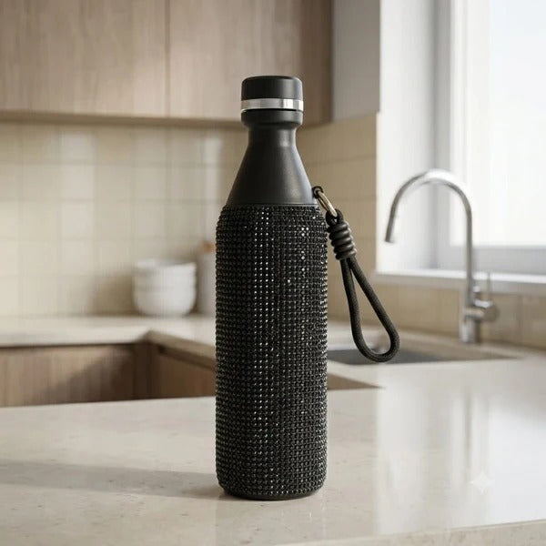 Rhinestone Thermal Water Bottle – Black | Stylish Insulated Bottle
