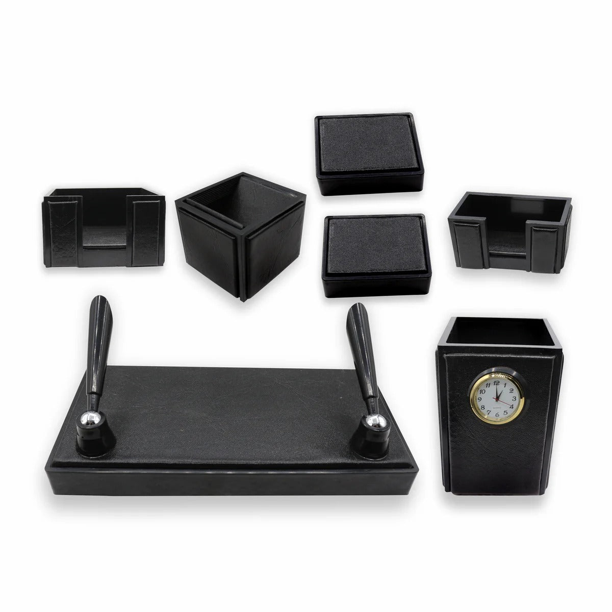 Senator Rexine Leather Office Desk Organizer #20 | 7 PCS Executive Desk Set with Watch | Premium Office Table Accessories | Brown, Black & Green