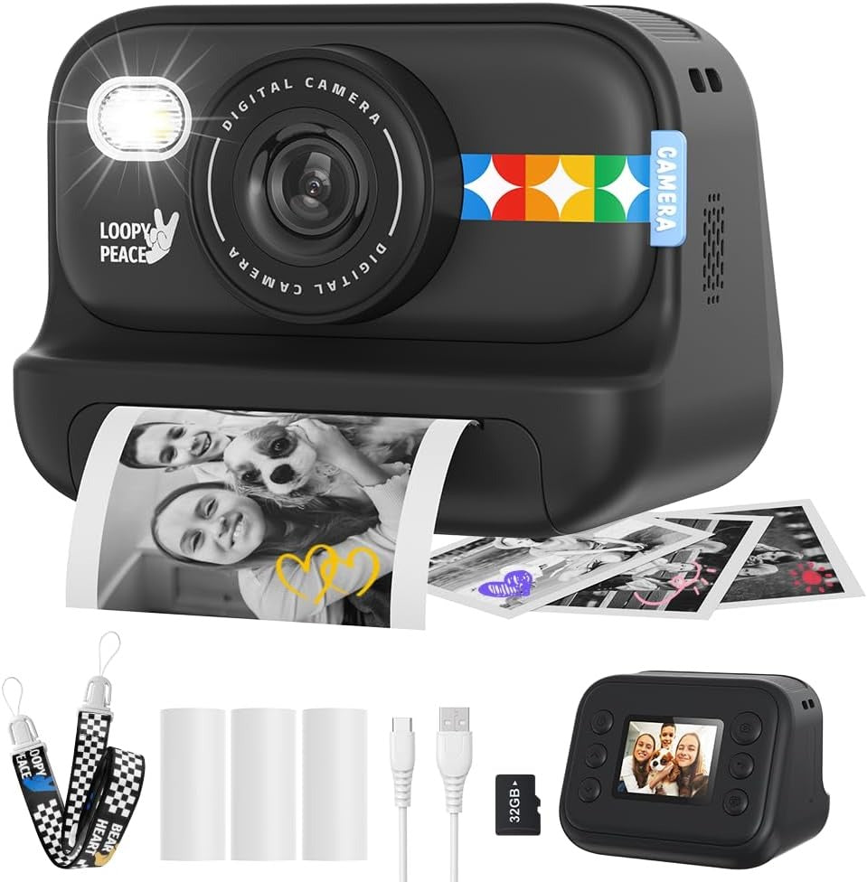 Instant Print Camera for Kids, Birthday Gifts for Girls and Boys Ages 3-12 - 1080P Video Camera for Kids, Gift Ideas for Boys Ages 3 4 5 6 7 8 9 10 11 12 -(Black)