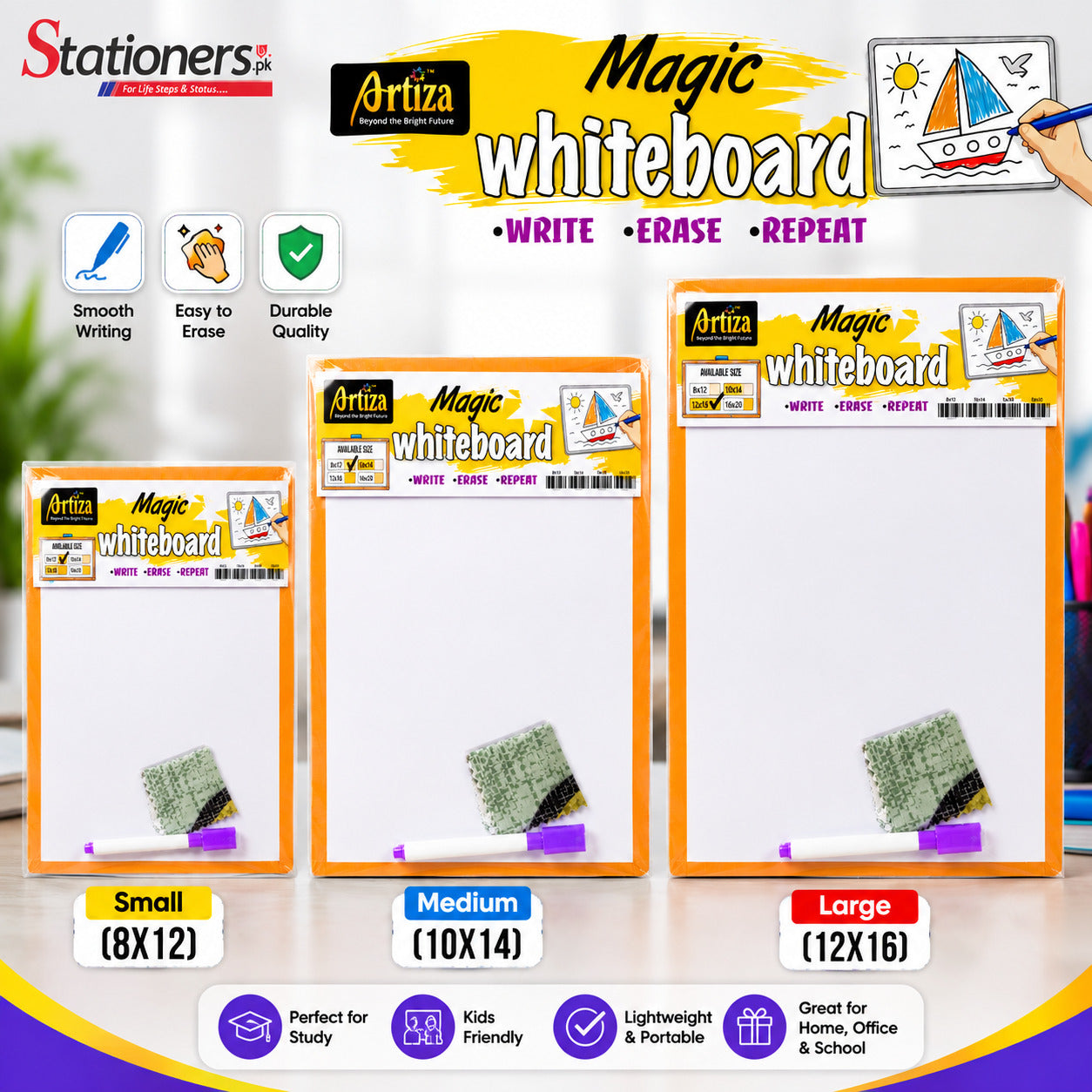 Artiza Magic Whiteboard Formica – Small (8X12), Medium (10X14) & Large (12X16) | Dry Erase Board with Marker & Duster