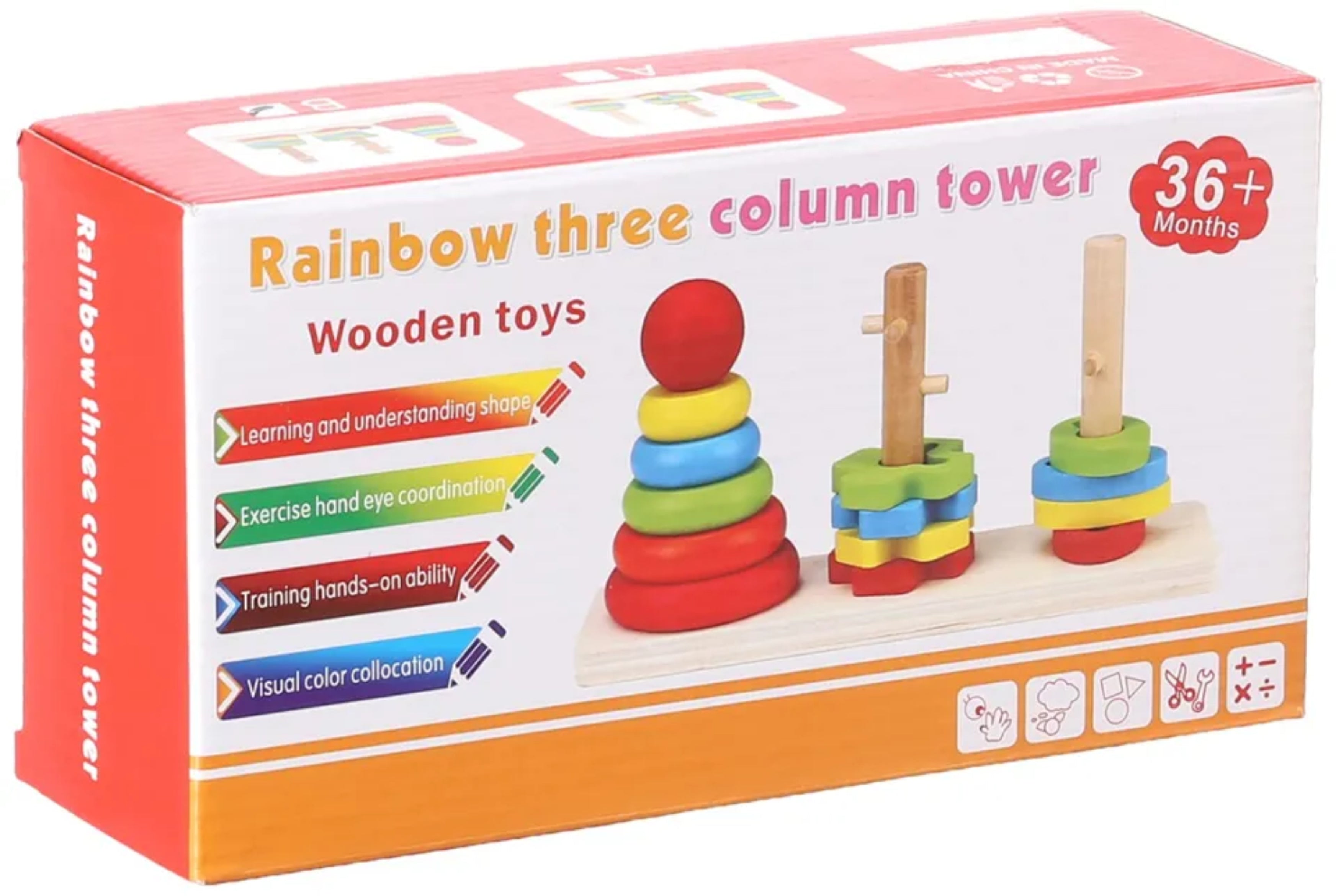 Wooden Toy Rainbow Tower Small (3 Column With Box)