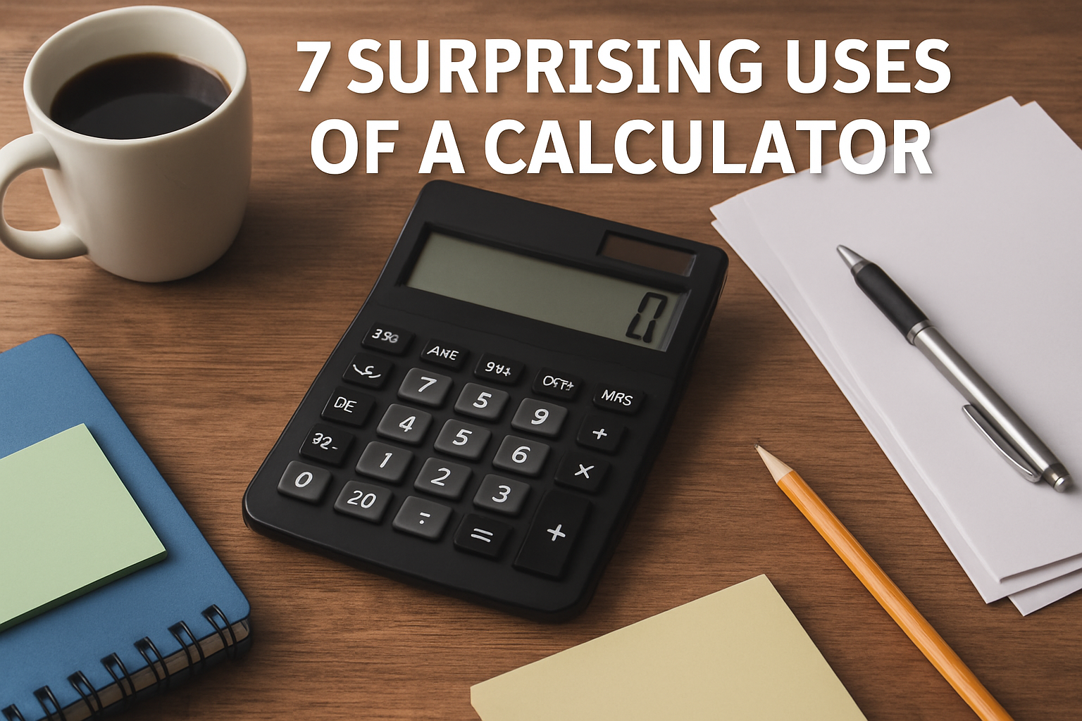 Visual representation of seven surprising applications for calculators beyond basic arithmetic and math functions.
