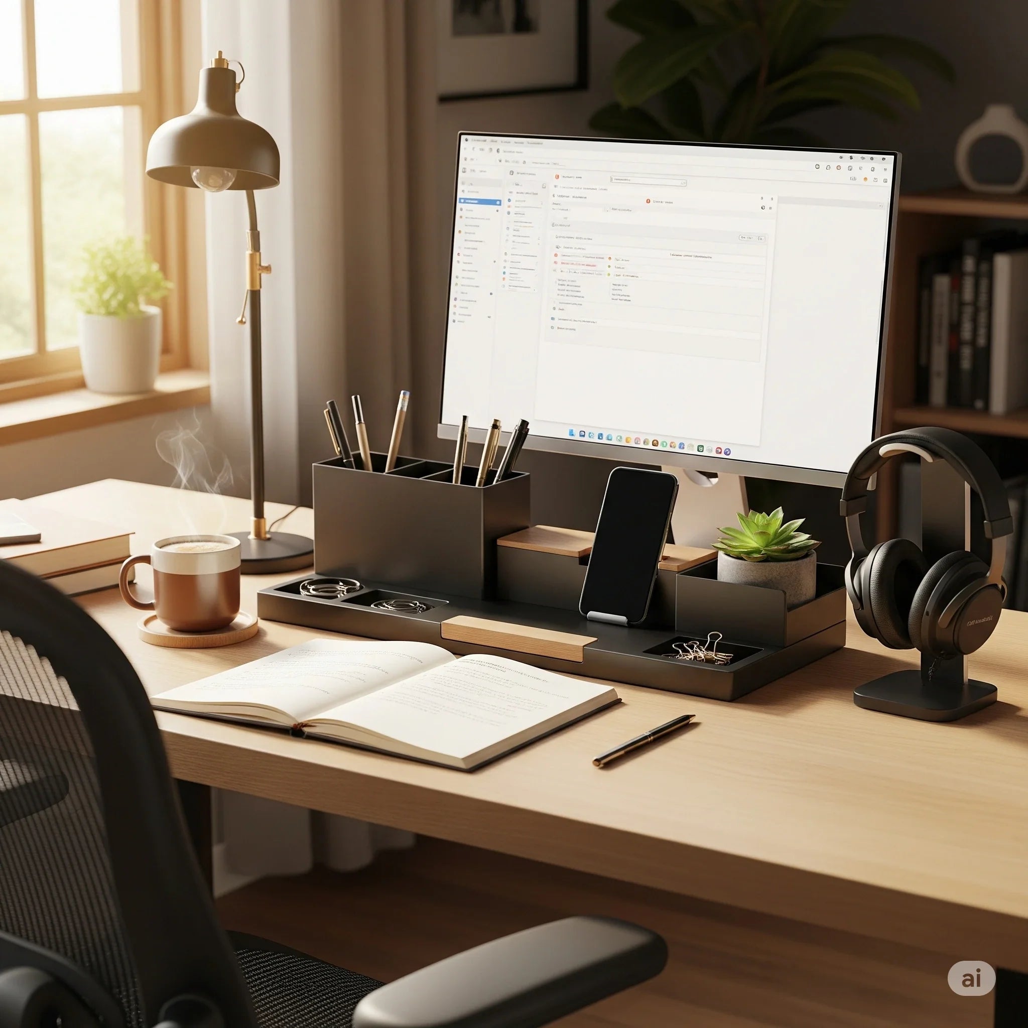  A workspace with a computer, phone, and assorted items on a desk, creating a functional environment.