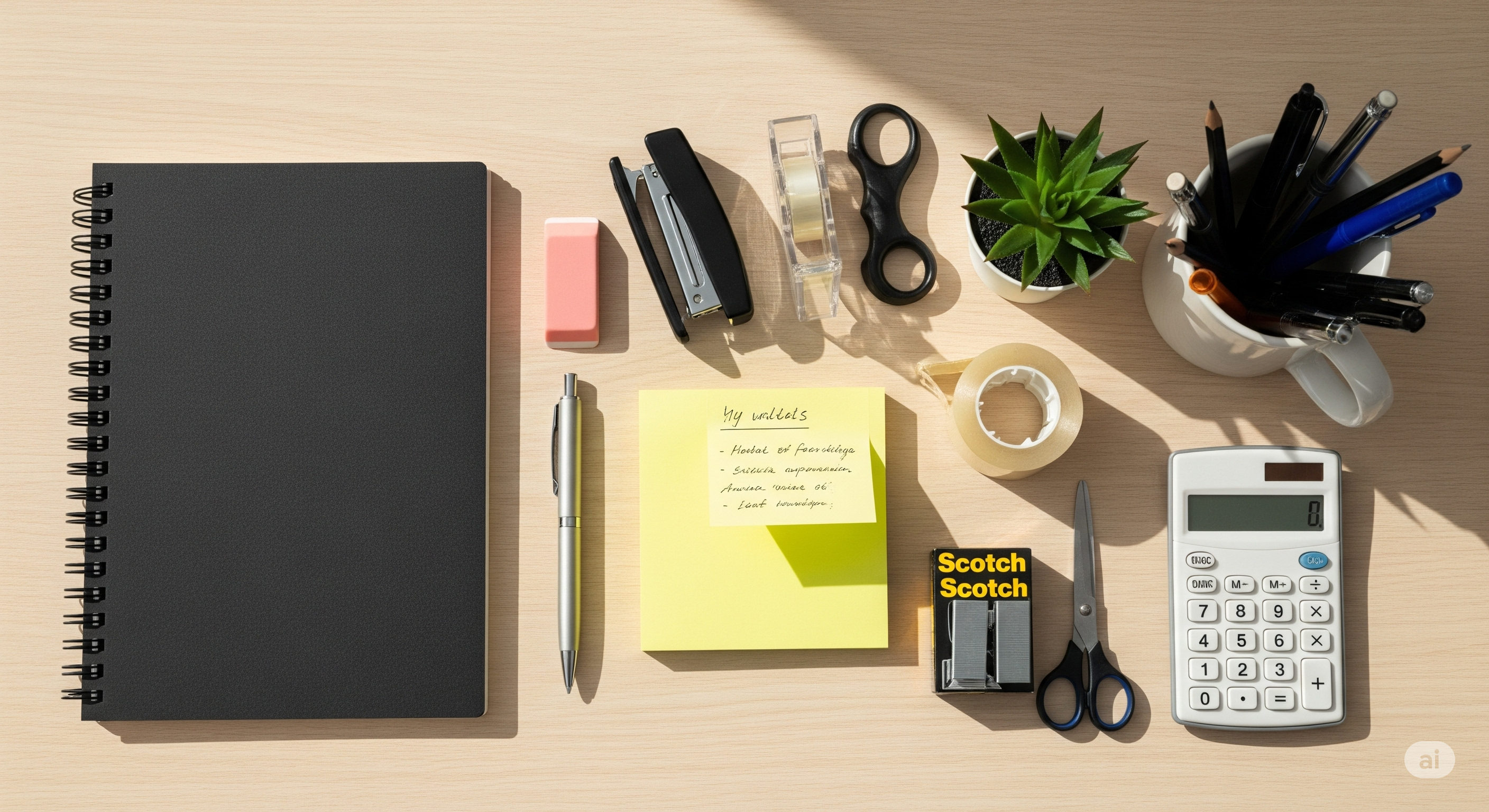 Displaying office supplies on the table 