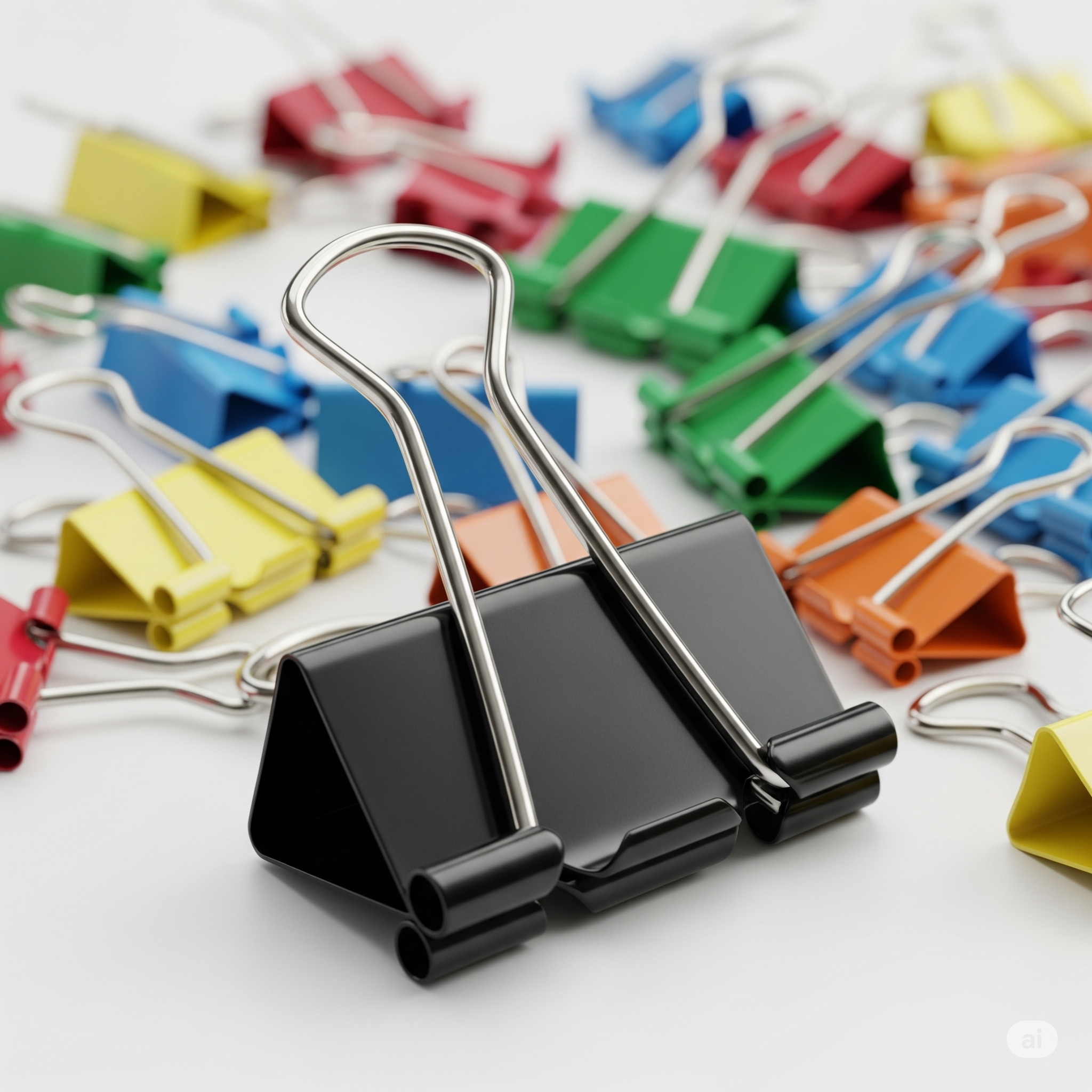  A single large, black binder clip in sharp focus, with many smaller, colorful binder clips out of focus in the background.