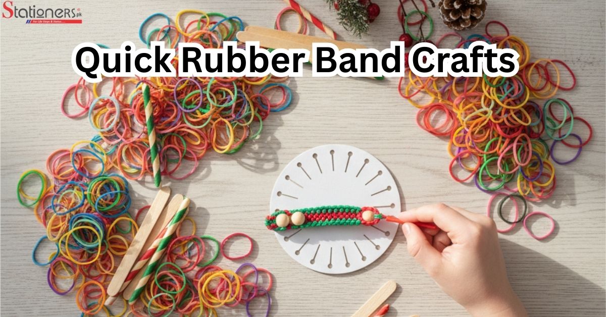 A collection of colorful rubber band crafts, showcasing various creative projects and designs for quick DIY activities.