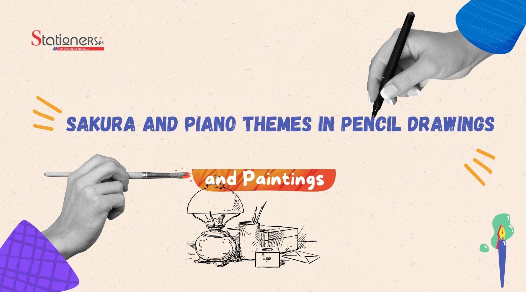 sakura and piano themes in pencil drawing