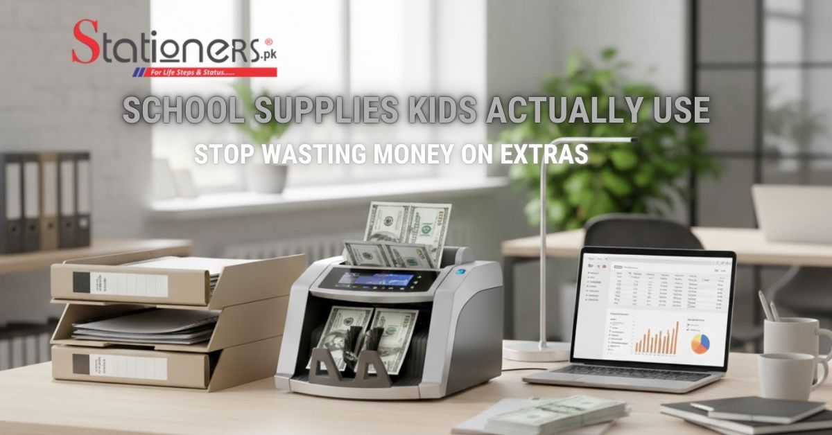 A collection of essential school supplies for kids, including notebooks, pencils, and colorful folders on a desk.