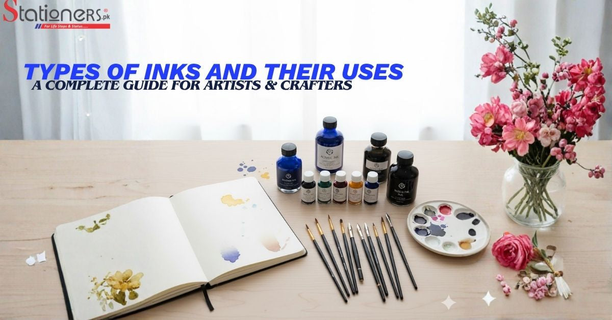 Various ink types displayed with labels, illustrating their specific uses in writing, printing, and art.